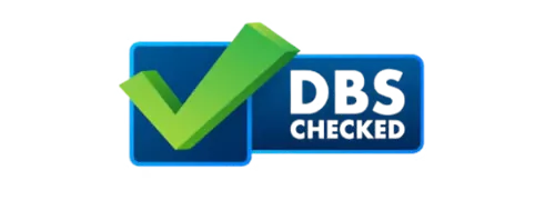 DBS checked logo in blue and green color with white letters