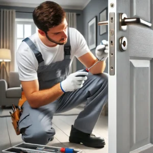 Locksmith repair door lock wearing white T-shirt and grey pants