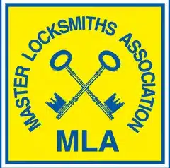 a yellow and blue master locksmith association logo with two keys and a hammer